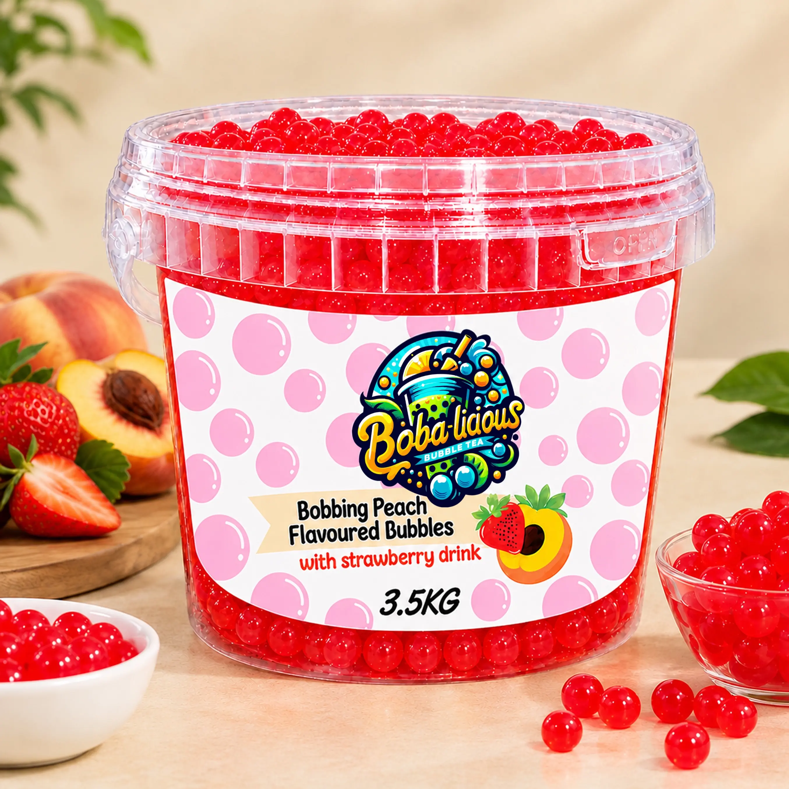 BUBBLE TEA Boba-licious 3.5 kg peach-flavoured popping boba bucket with strawberry drink, peaches and strawberries.